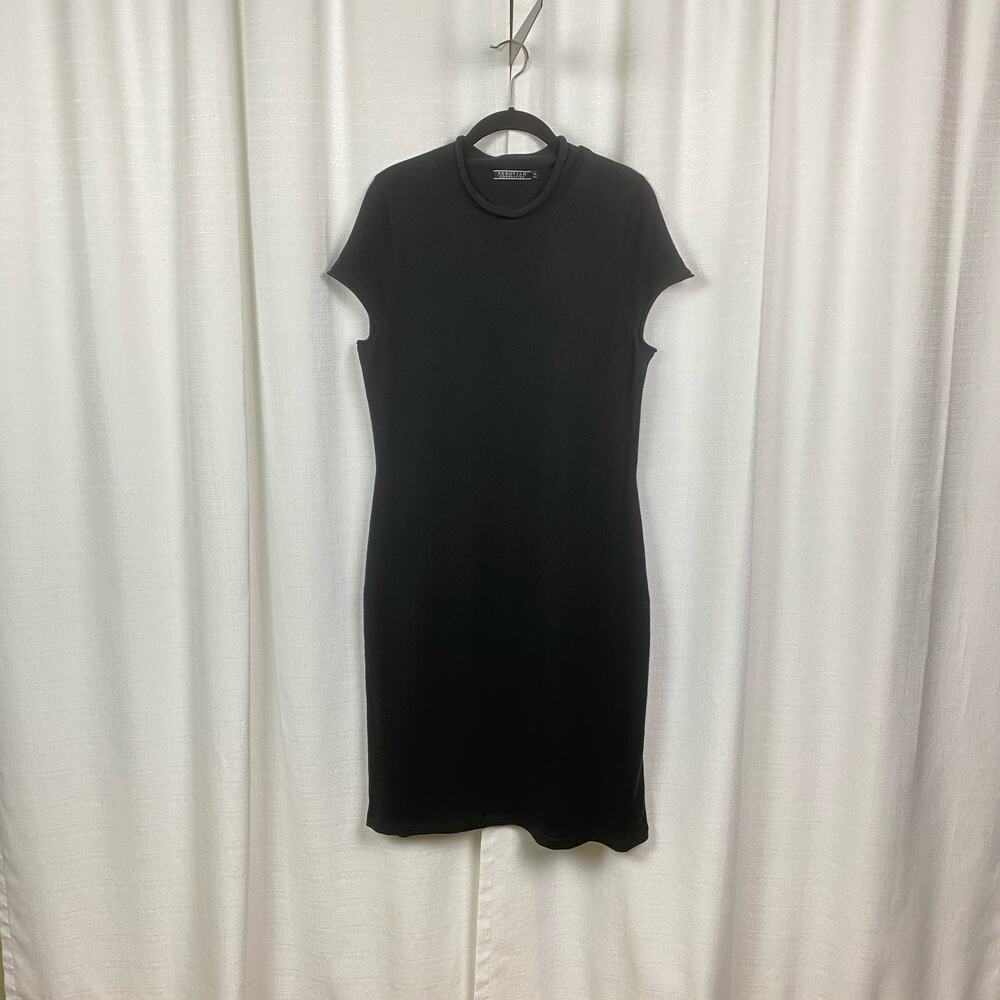 Peruvian Connection Black Pima Cotton Cap Sleeve Mock Neck Midi Dress Sz.M